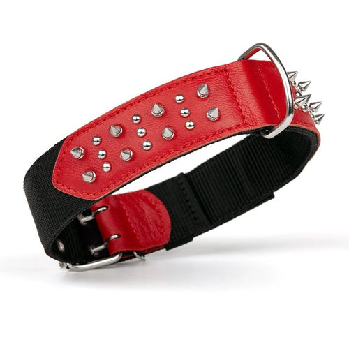 Dogline Leather + Nylon Spike Collar (W1 3/4 L20-25, Red)